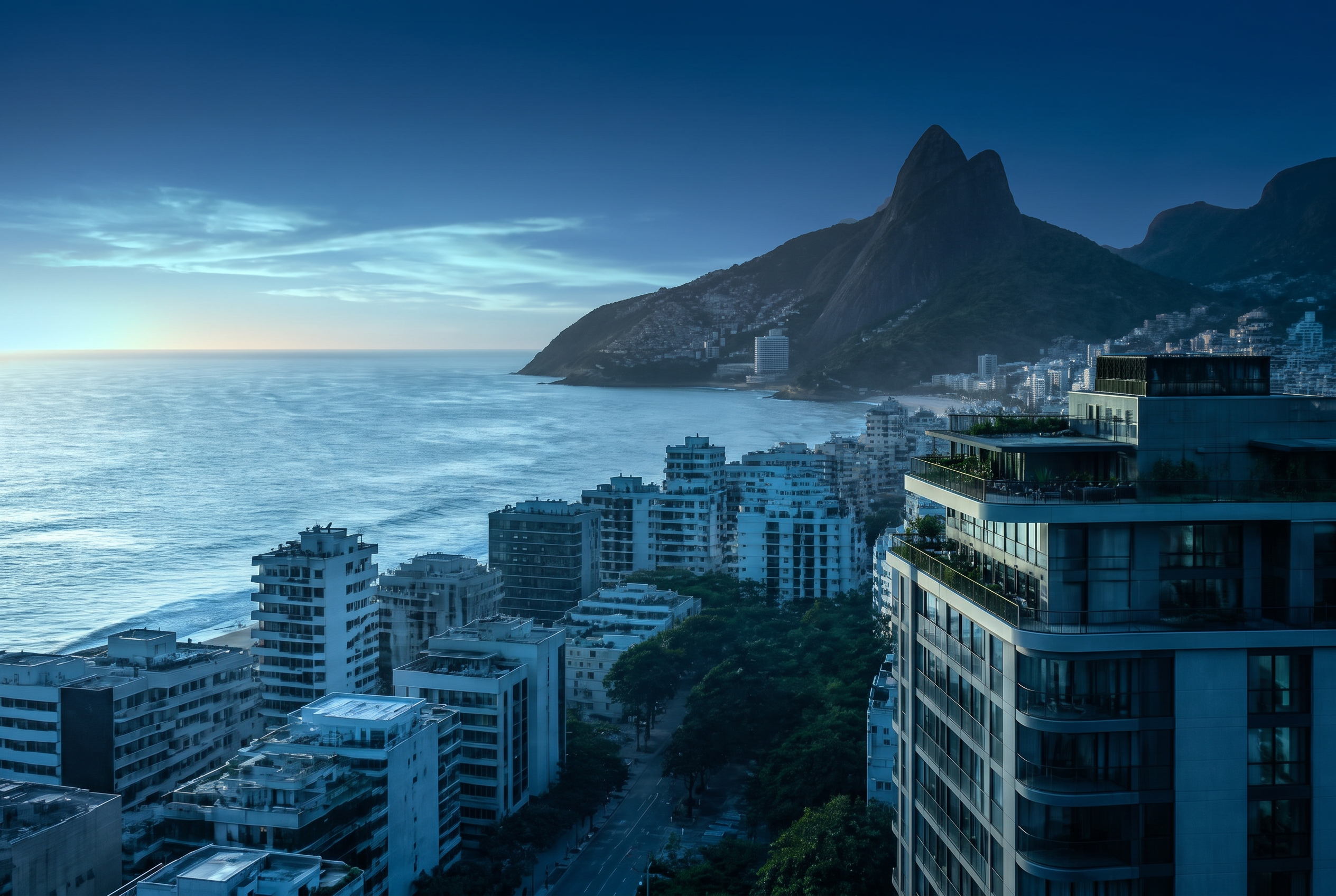 Vista aérea de Ipanema, Rio de Janeiro, ao entardecer